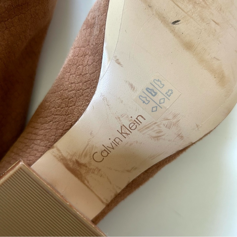 Calvin Klein Cognac Brown Leather Suede Snakeskin Embossed Heeled Judia Mules - Picture 8 of 11